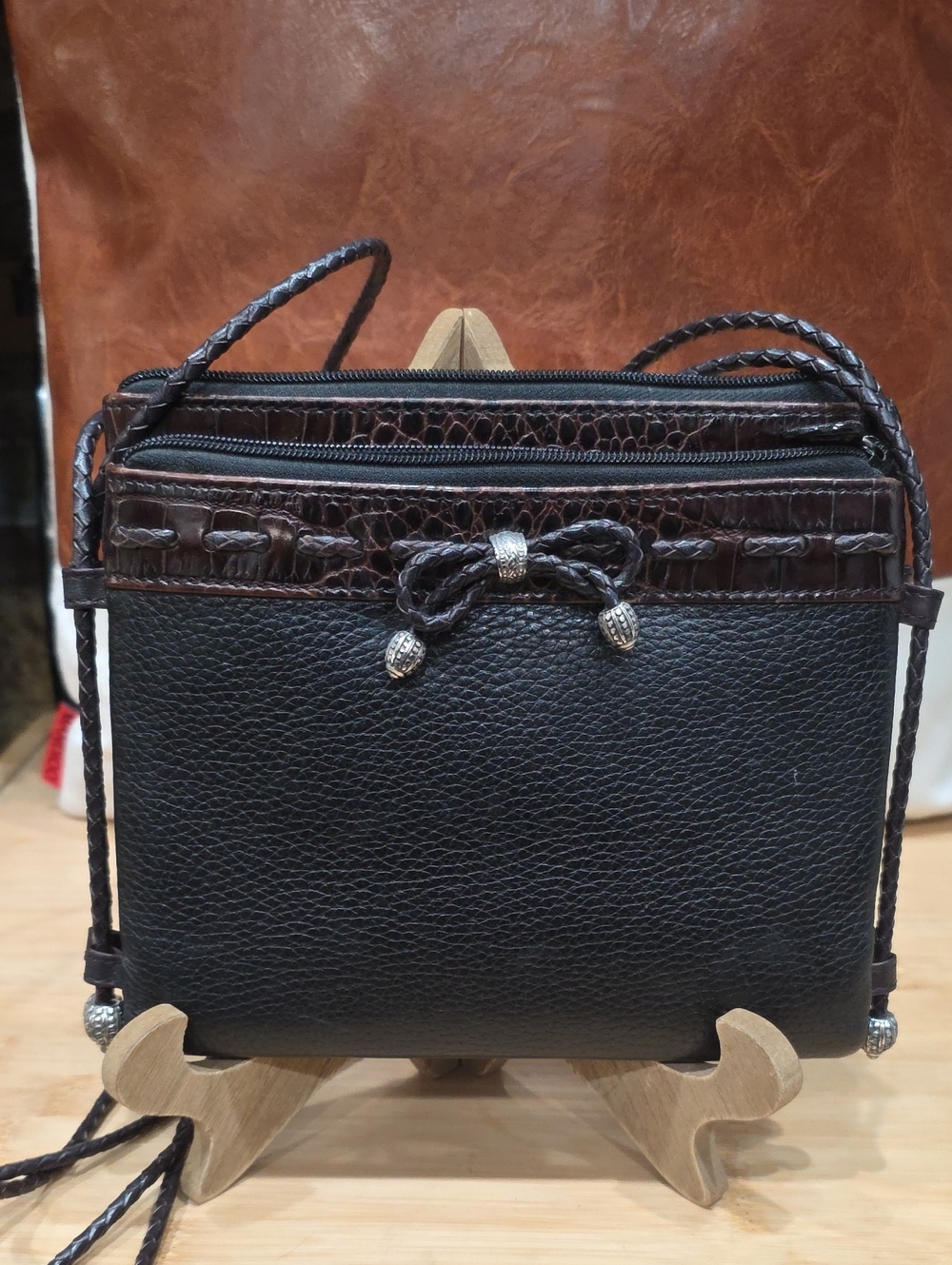 Brighton Black and Dark Brown Braided-Accent Leather Crossbody